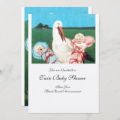 STORK TWIN BABY SHOWER Roze witte uitnodiging (Voorkant / Achterkant)