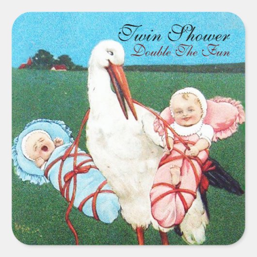 STORK TWIN BABY SHOWER VIERKANTE STICKER (Voorkant)