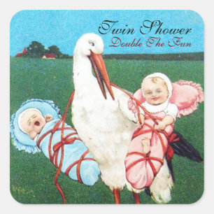 STORK TWIN BABY SHOWER VIERKANTE STICKER