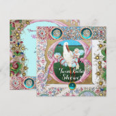 STORK TWIN BOYS BABY SHOWER, FLORAL GEMSTONES KAART (Voorkant / Achterkant)