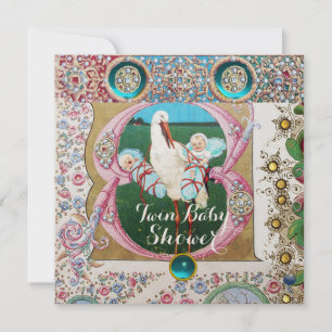 STORK TWIN BOYS BABY SHOWER, FLORAL GEMSTONES KAART