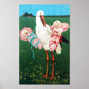 STORK TWIN GIRLS BABY SHOWER MONOGRAM, POSTER