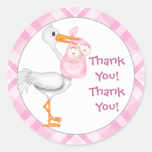 Stork & Twin Girls Bedankt Ronde Sticker (Voorkant)