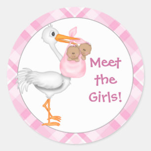 Stork & Twin Girls (donkere huid) Baby Aankondigin Ronde Sticker
