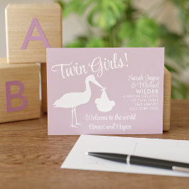 Stork Twin Girls Pink Birth Announcement Briefkaar Aankondigingskaart
