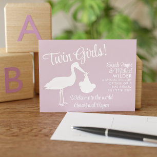 Stork Twin Girls Pink Birth Announcement Briefkaar Aankondigingskaart