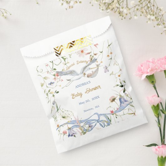 Stork Wildflower Ribbon Baby shower Bedankzakje (Gezegeld)