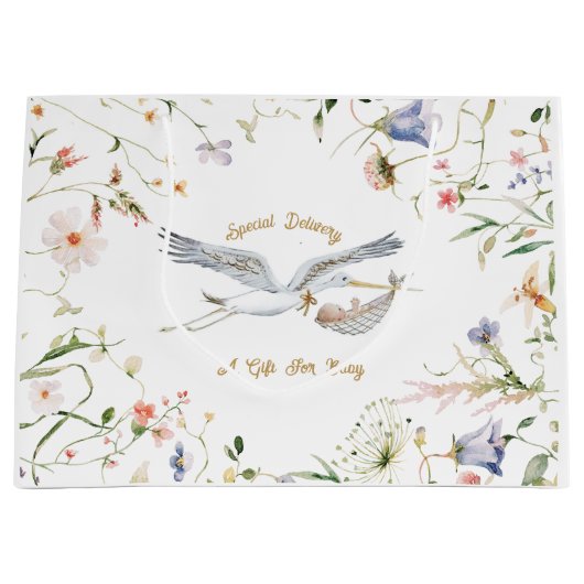 Stork Wildflower Ribbon Baby shower Groot Cadeauzakje (Voorkant)