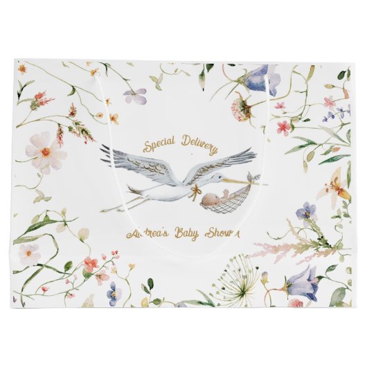 Stork Wildflower Ribbon Baby shower Groot Cadeauzakje (Achterkant)