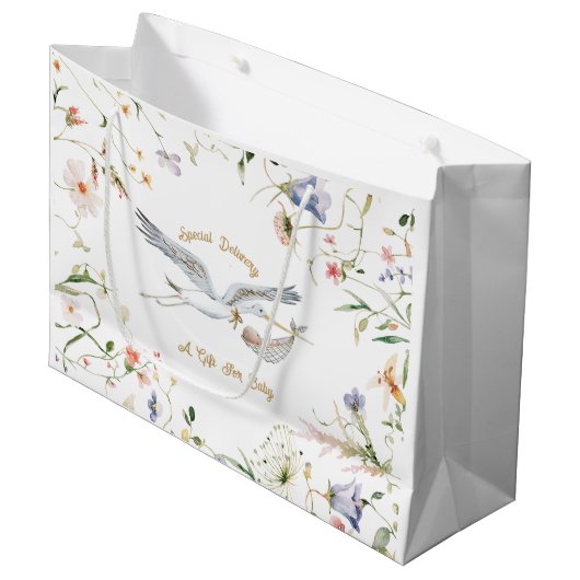 Stork Wildflower Ribbon Baby shower Groot Cadeauzakje (Voorkant Gekanteld)