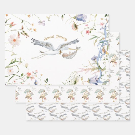 Stork Wildflower Ribbon Baby shower Inpakpapier Vel (Set)
