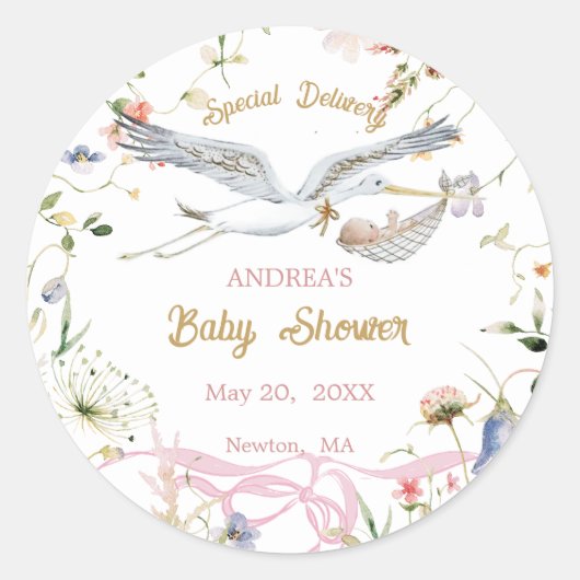 Stork Wildflower Ribbon Baby shower Ronde Sticker (Voorkant)