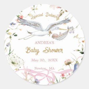 Stork Wildflower Ribbon Baby shower Ronde Sticker