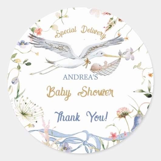 Stork Wildflower Ribbon Baby shower Ronde Sticker (Voorkant)