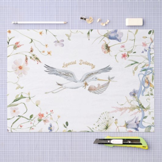 Stork Wildflower Ribbon Baby shower Tissuepapier (Craft)