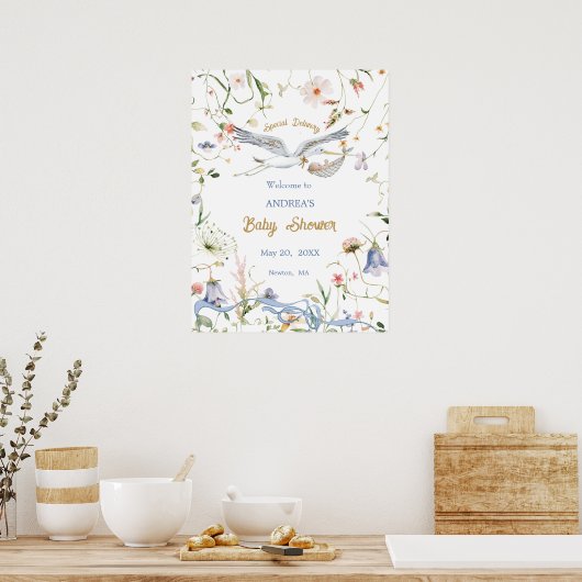 Stork Wildflower Ribbon Baby shower Welkom Poster (Keuken)