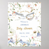 Stork Wildflower Ribbon Baby shower Welkom Poster (Voorkant)