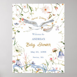 Stork Wildflower Ribbon Baby shower Welkom Poster