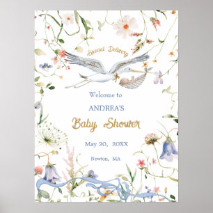 Stork Wildflower Ribbon Baby shower Welkom Poster