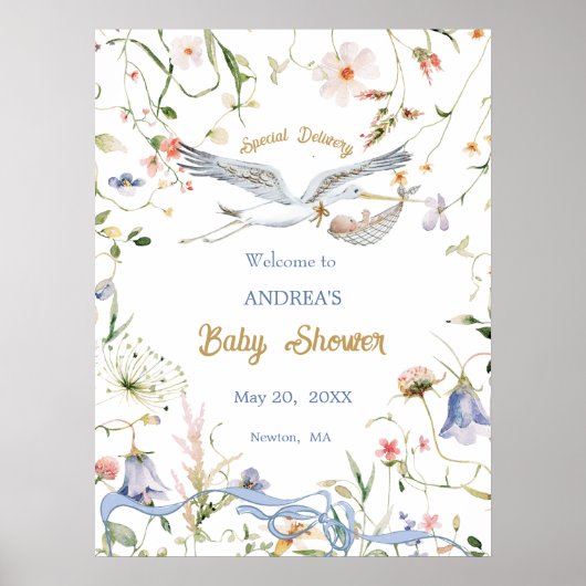 Stork Wildflower Ribbon Baby shower Welkom Poster (Voorkant)