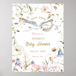 Stork Wildflower Ribbon Baby shower Welkom Poster