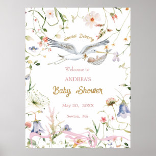 Stork Wildflower Ribbon Baby shower Welkom Poster