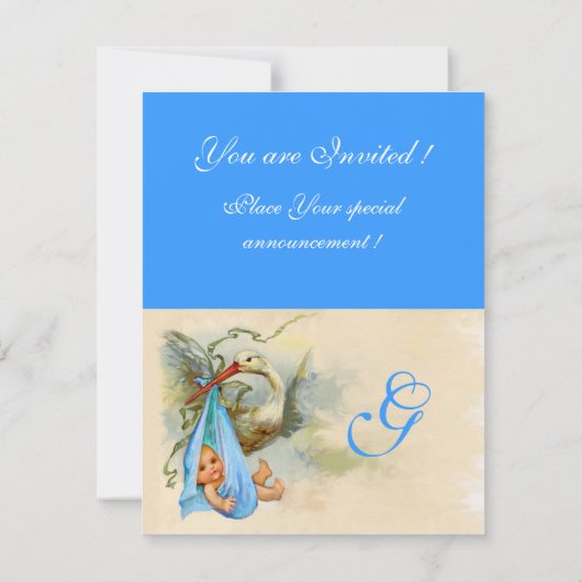 STORK WITTE BLAUW BLAY SHOWER MONOGRAM KAART (Achterkant)