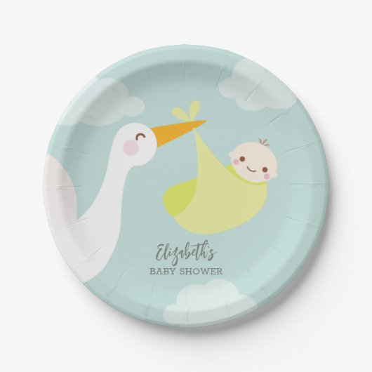 Stork Yellow Bundle Baby shower Papieren Bordje (Voorkant)