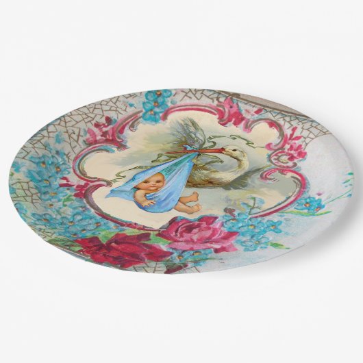 STORKMEISJE BABY SHOWER PINKROESEN EN BLAUWE STROM PAPIEREN BORDJE (Gekanteld)