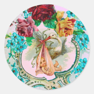 STORKMEISJE BABY SHOWER PINKROESEN EN BLAUWE STROM RONDE STICKER