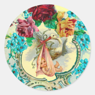 STORKMEISJE BABY SHOWER PINKROESEN EN BLAUWE STROM RONDE STICKER