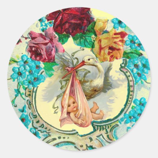 STORKMEISJE BABY SHOWER PINKROESEN EN BLAUWE STROM RONDE STICKER (Voorkant)