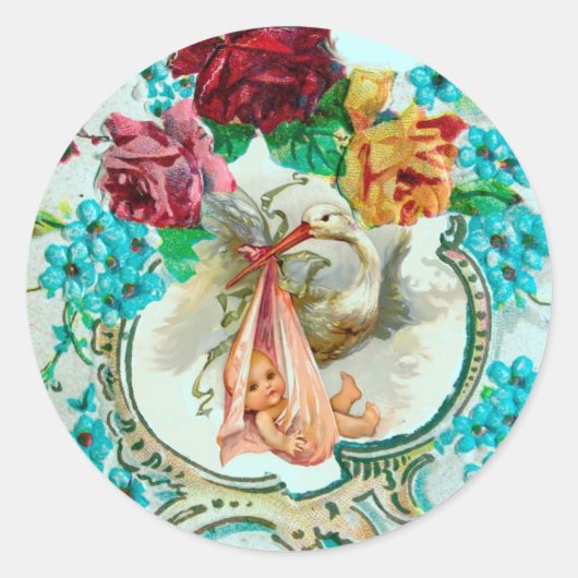 STORKMEISJE BABY SHOWER PINKROESEN EN BLAUWE STROM RONDE STICKER (Voorkant)