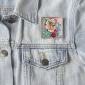 STORKMEISJE BABY SHOWER/PINKROSES BLAUWE STROMEN VIERKANTE BUTTON 5,1 CM (In situ)