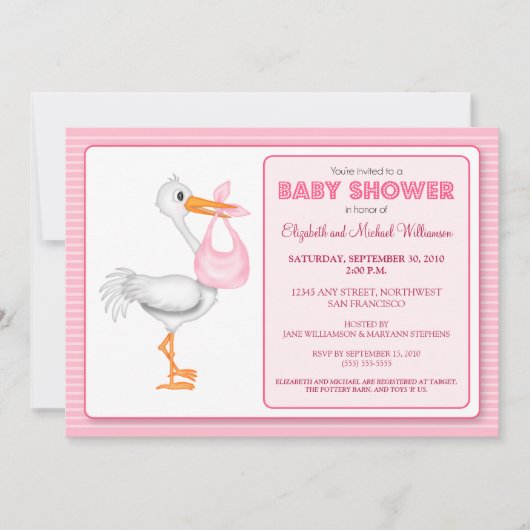 Stork's Aanval Baby shower Invitation (roze) Kaart (Voorkant)
