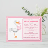 Stork's Aanval Baby shower Invitation (roze) Kaart (Staand voorkant)