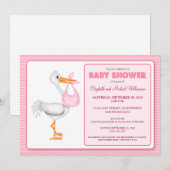 Stork's Aanval Baby shower Invitation (roze) Kaart (Voorkant / Achterkant)