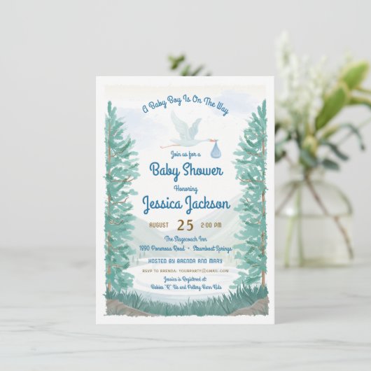 Stork's Journey Baby Jongen Douche Uitnodiging (Staand voorkant)