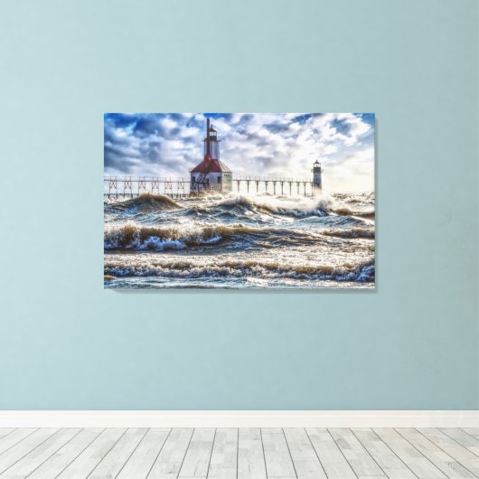 Storm bij de vuurtoren van St Joseph Canvas Afdruk (Insitu (Houten vloer))