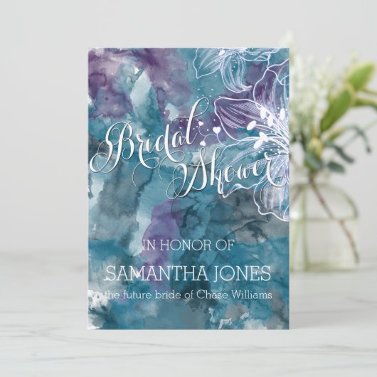 STORM BLUE WATERVERF HIBISCUS WEDING KAART (Staand voorkant)