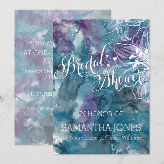 STORM BLUE WATERVERF HIBISCUS WEDING KAART (Voorkant / Achterkant)