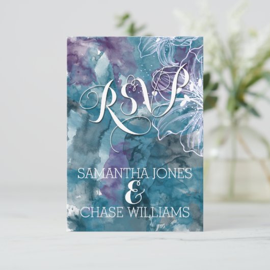 STORM BLUE WATERVERF HIBISCUS WEDING RSVP KAARTJE (Staand voorkant)