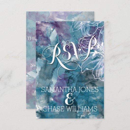 STORM BLUE WATERVERF HIBISCUS WEDING RSVP KAARTJE (Voorkant / Achterkant)