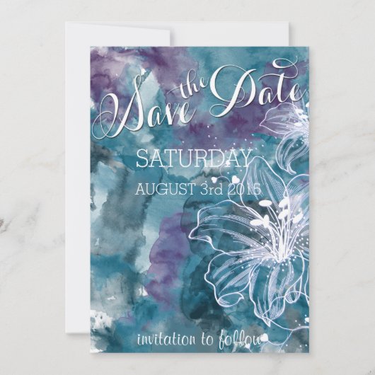 STORM BLUE WATERVERF HIBISCUS WEDING SAVE THE DATE (Voorkant)