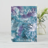 STORM BLUE WATERVERF HIBISCUS WEDING SAVE THE DATE (Staand voorkant)