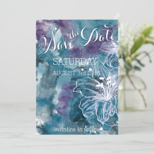 STORM BLUE WATERVERF HIBISCUS WEDING SAVE THE DATE (Staand voorkant)
