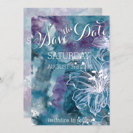 STORM BLUE WATERVERF HIBISCUS WEDING SAVE THE DATE (Voorkant / Achterkant)