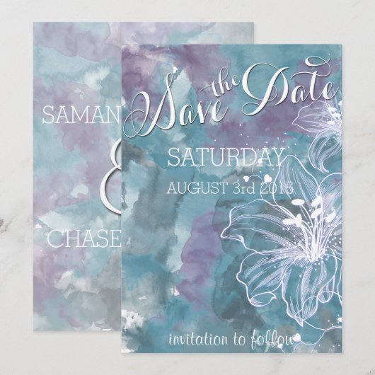 STORM BLUE WATERVERF HIBISCUS WEDING SAVE THE DATE (Voorkant / Achterkant)
