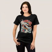 Storm Dragon with Sakura and Waves Tri-Blend Shirt (Voorkant volledig)