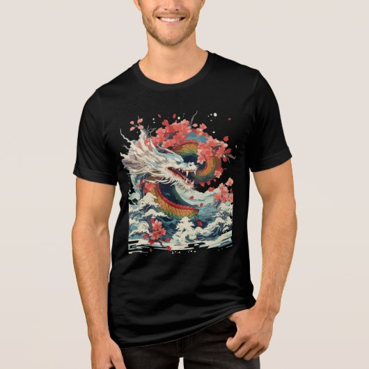 Storm Dragon with Sakura and Waves Tri-Blend Shirt (Voorkant)